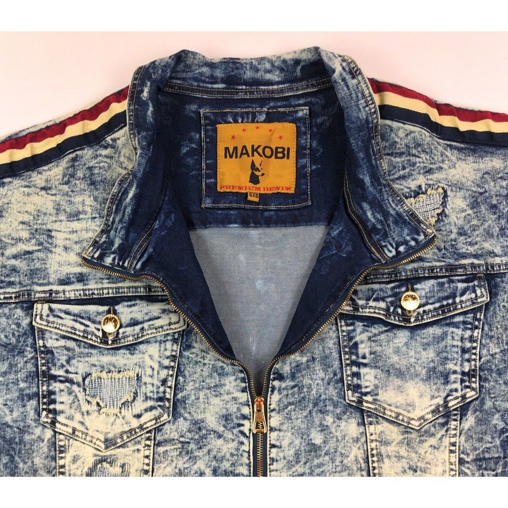 Makobi Mens 6XB Acid Wash Blue Denim Jean Track Jacket Distressed Faded Stripes - Picture 5 of 12